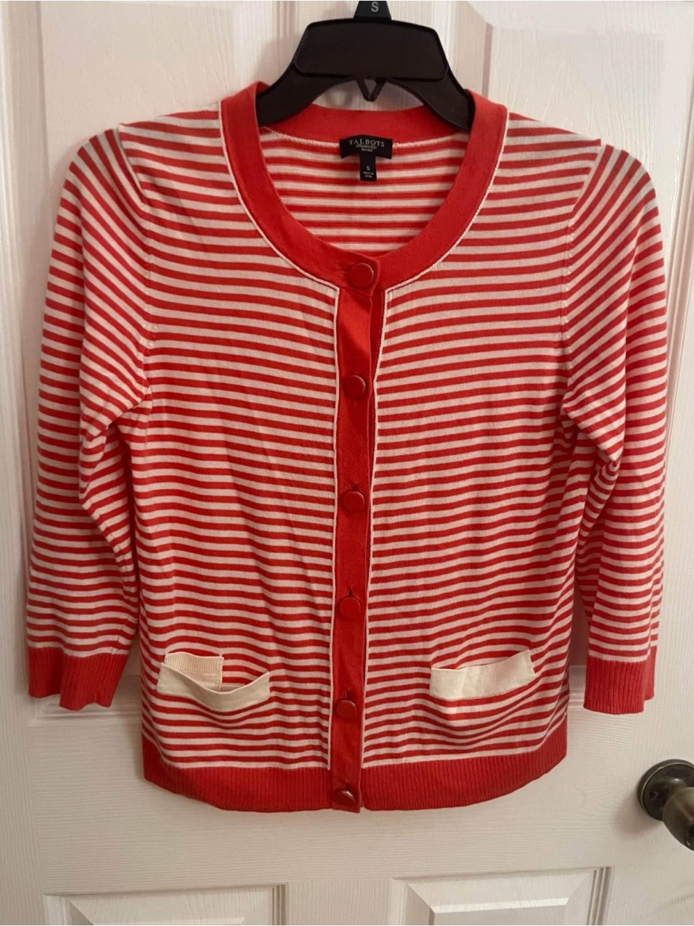 Talbots Red and White Striped Crew Neck Cardigan